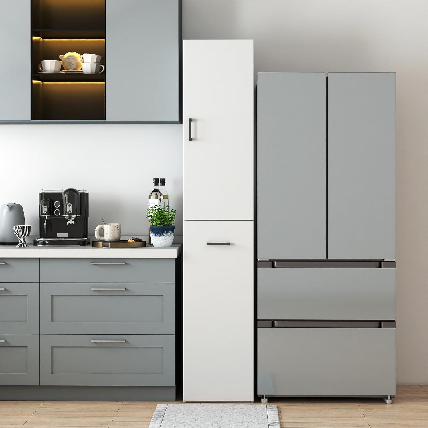Kitchen Pantry Tall Freestanding Cabinet with 1 Door and 3-Tier Multi-Functional Pull-Out Storage Shelf for Kitchen, Dining Room, Living Room