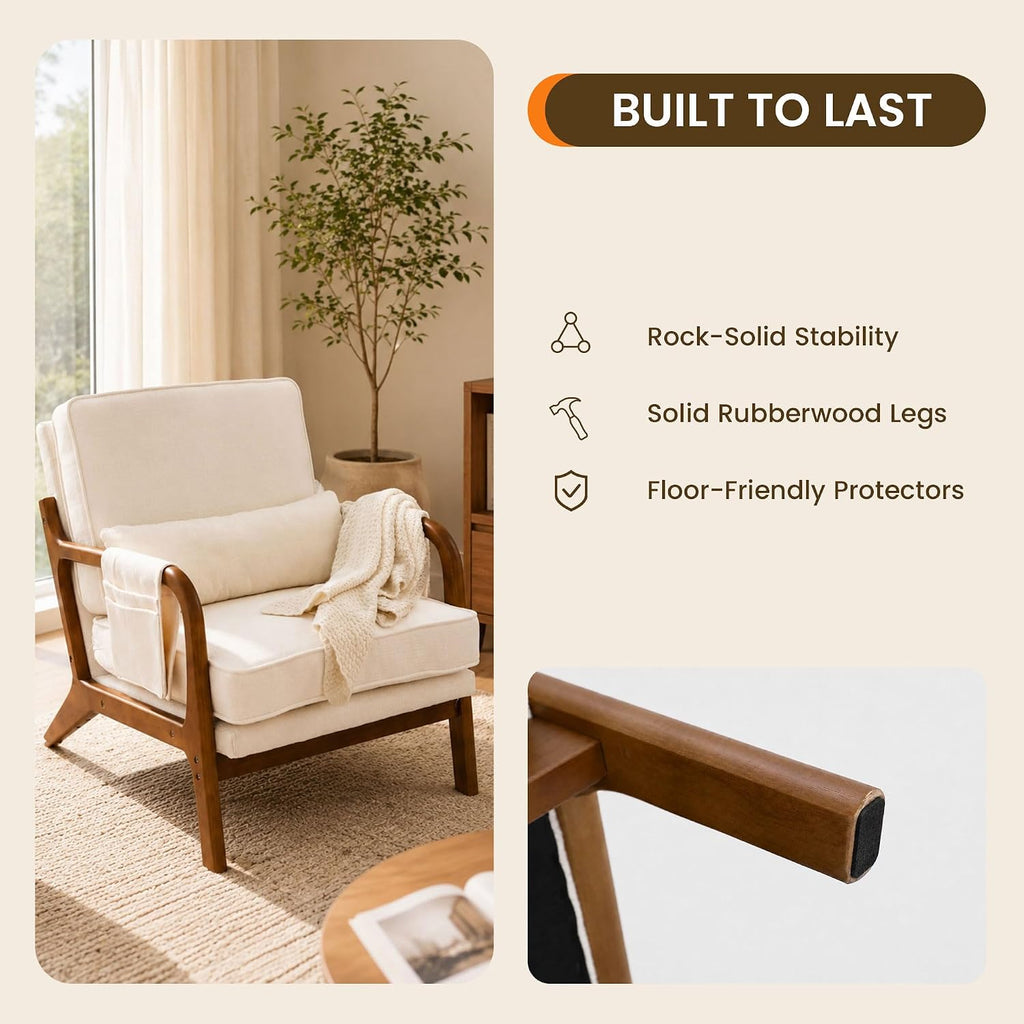 1 PCS Accent Chair for Living Room, Mid-Century Modern Armchair with Solid Wood Frame and Side Pocket, Upholstered Reading Chair for Bedroom, Small Spaces, Apartment, Beige