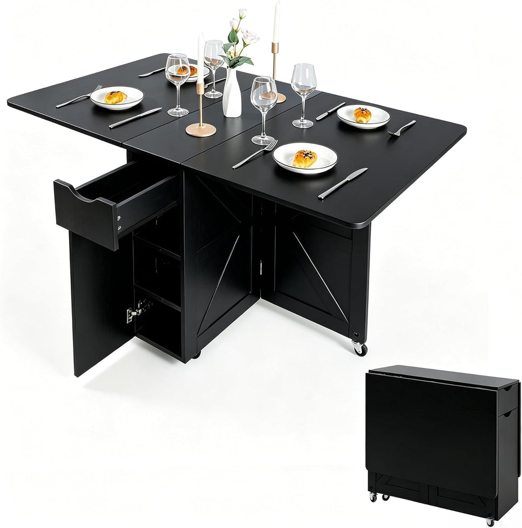 Folding Dining Table with Drawer and Storage Shelves, 53" Space Saving Foldable Dining Table with 6 Wheels, Drop Leaf Table for Small Spaces