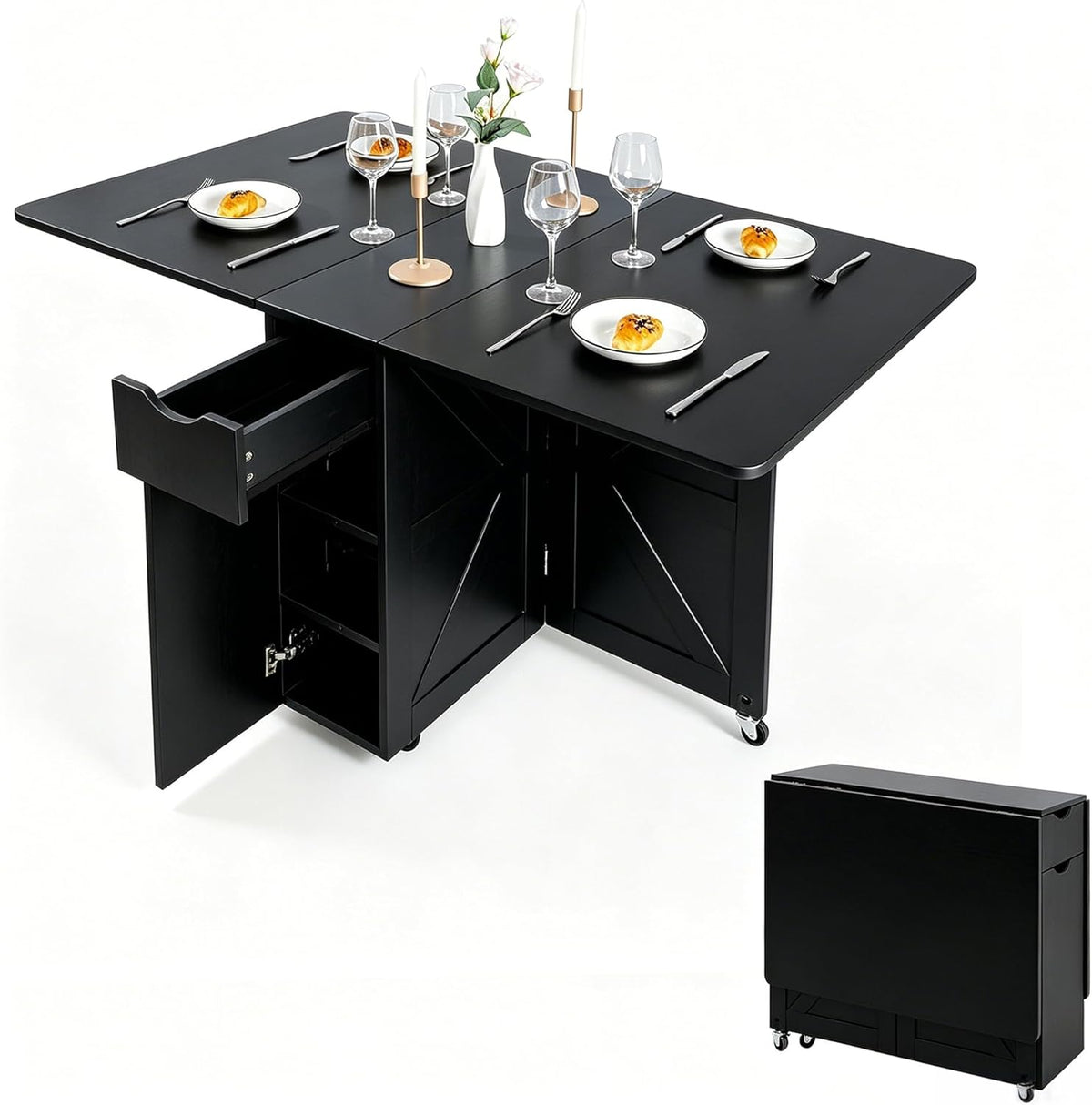 Folding Dining Table with Drawer and Storage Shelves, 53" Space Saving Foldable Dining Table with 6 Wheels, Drop Leaf Table for Small Spaces