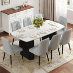 Ebullient White Dining Table Set for 8, 67'' Marble Oval Dining Table Set with 8 Metal Chairs, 3.5'' Thick Marble-Grain Top and Matte Black Wood Base, Space-Saving 9 Piece Kitchen Table Set