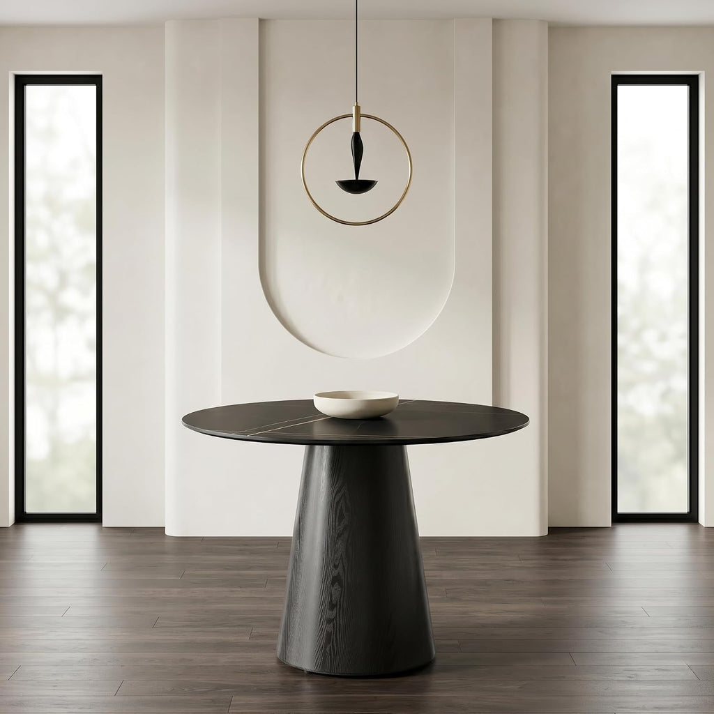 Round Dining Table for 4, 42 Inch Sintered Stone Dining Room Table, White and Black Small Kitchen Table with Stable Pedestal, Modern Marble Dining Table for Kitchen, Apartment, Restaurant