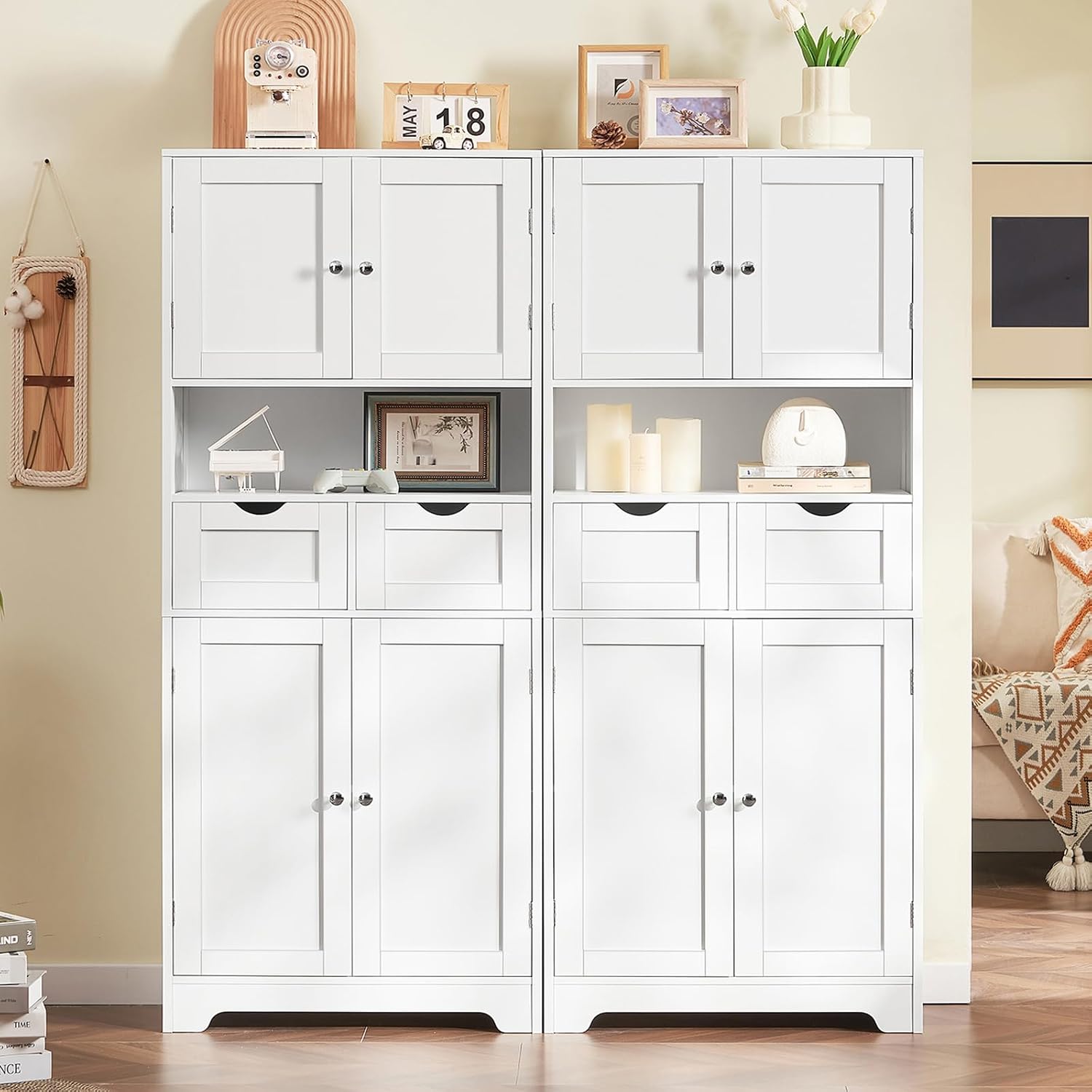 TEENFON 57.8" H Tall Bathroom Storage Cabinet with 4 Doors & 2 Adjustable Shelves, Freestanding Bathroom Cabinet with 2 Drawers, Kitchen Cabinets & Pantry, Cupboard for Kitchen, Dining Room, White