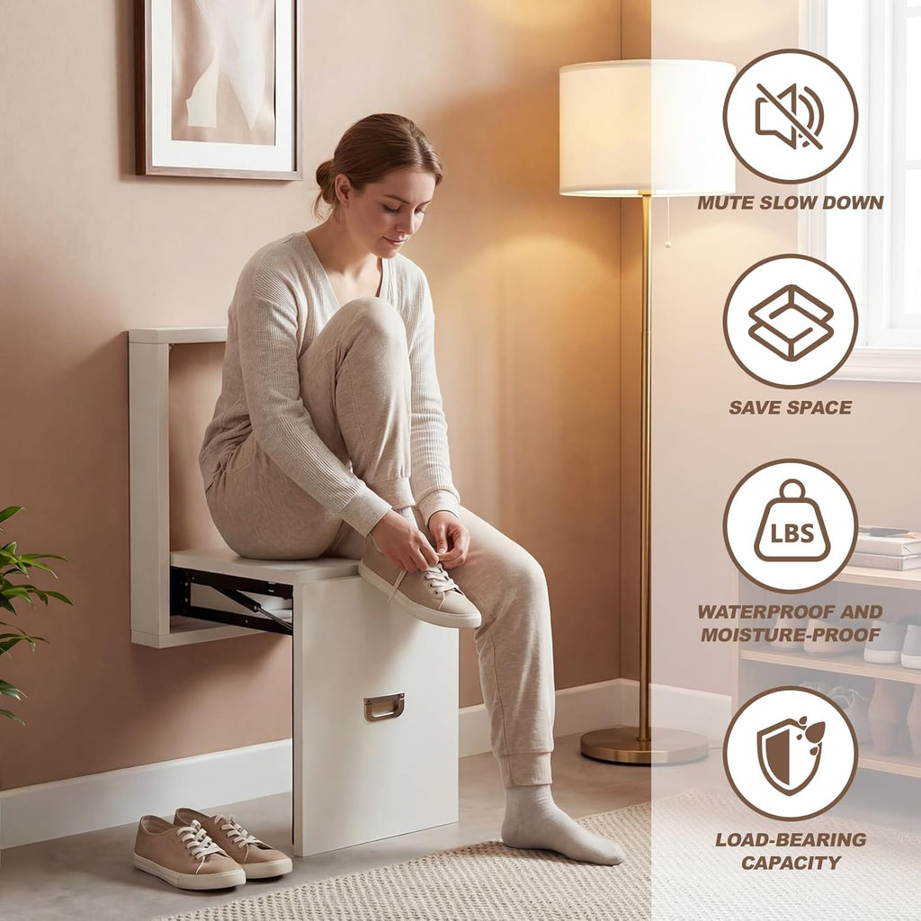 Geelin 1 Pcs Wall Mounted Folding Chair, Modern Entryway Shoe Changing Stool, 330lbs Capacity, Extra-Wide Seat, Invisible Folding Chair for Hallway, Hidden Shoe Bench Fits Most Homes, Tea White