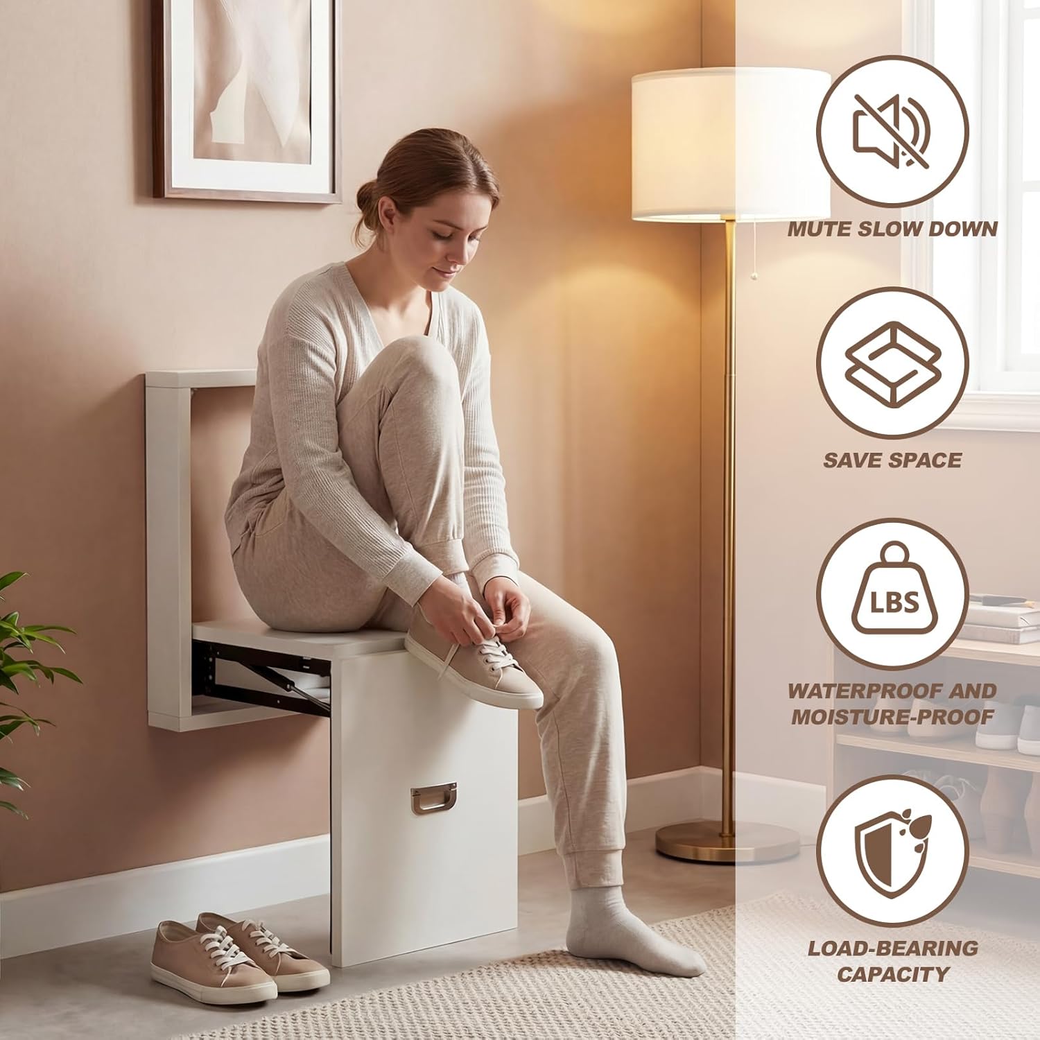 Geelin 1 Pcs Wall Mounted Folding Chair, Modern Entryway Shoe Changing Stool, 330lbs Capacity, Extra-Wide Seat, Invisible Folding Chair for Hallway, Hidden Shoe Bench Fits Most Homes, Tea White