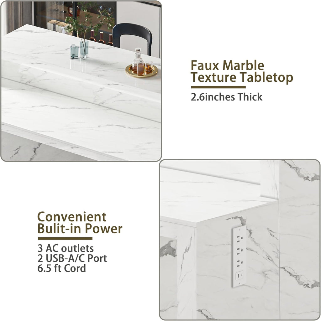 70.9" Large Faux Marble Dining Table with LED Lights, White Counter Height Kitchen Island Table with Power Outlets & USB Ports, Modern Bar Table for Kitchen Dining Room Apartment