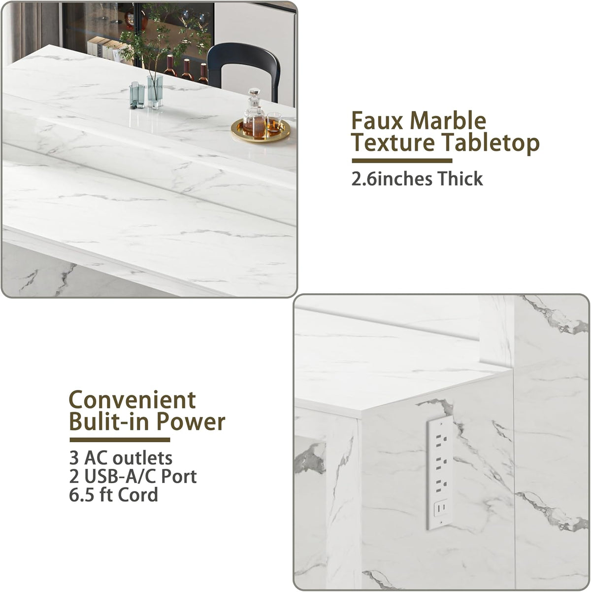 70.9" Large Faux Marble Dining Table with LED Lights, White Counter Height Kitchen Island Table with Power Outlets & USB Ports, Modern Bar Table for Kitchen Dining Room Apartment