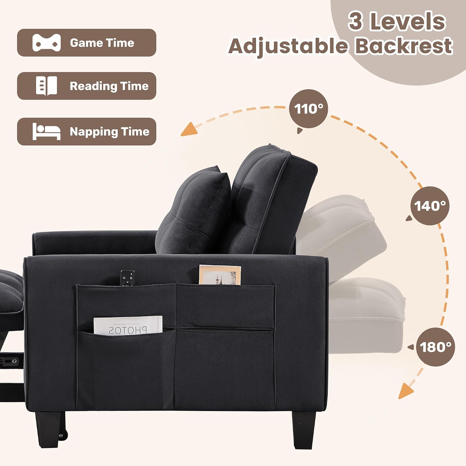 Convertible Sleeper Chair, 3 in 1 Sleeper Chair Bed Pull Out Sofa Bed Chairs, Single Sofa with Adjustable Backrest for Adults Reading Living Room, Bedroom, Velvet Black