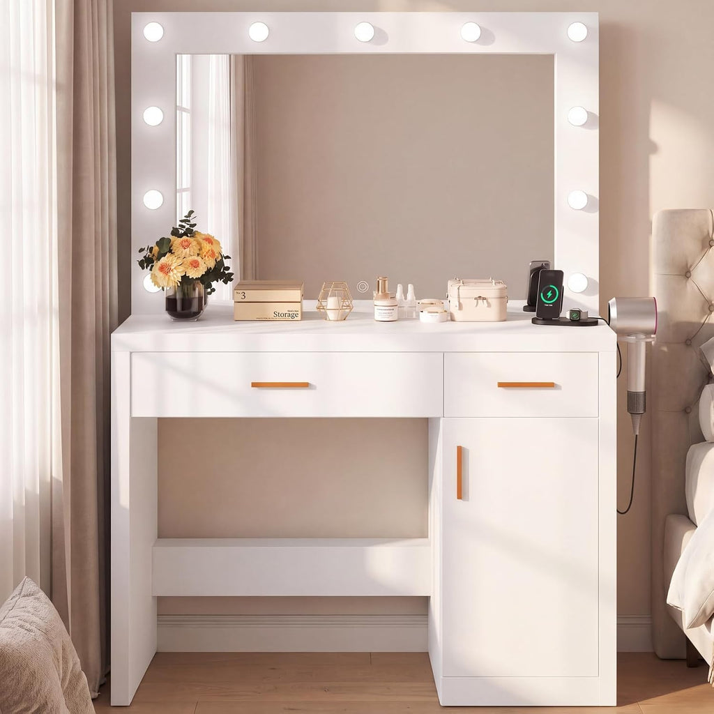 DUMOS Makeup Vanity Desk with Mirror and Lights, Charging Station | 11 LED Bulbs, Dressing Table, Large Cabinet, 2 Drawers, USB-C Power Outlet, 3 Color Adjustable Lighting, White