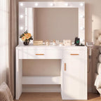 DUMOS Makeup Vanity Desk with Mirror and Lights, Charging Station | 11 LED Bulbs, Dressing Table, Large Cabinet, 2 Drawers, USB-C Power Outlet, 3 Color Adjustable Lighting, White