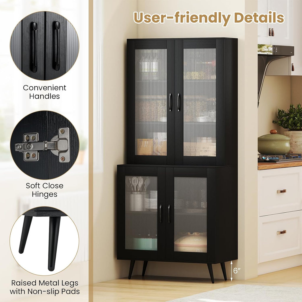 LOKO Kitchen Pantry Cabinet, Freestanding Storage Cupboard with Translucent Fluted Doors & Adjustable Shelf, Modern Tall Accent Cabinet Bookcase for Living Room, Dining Room, Home Office (Black)