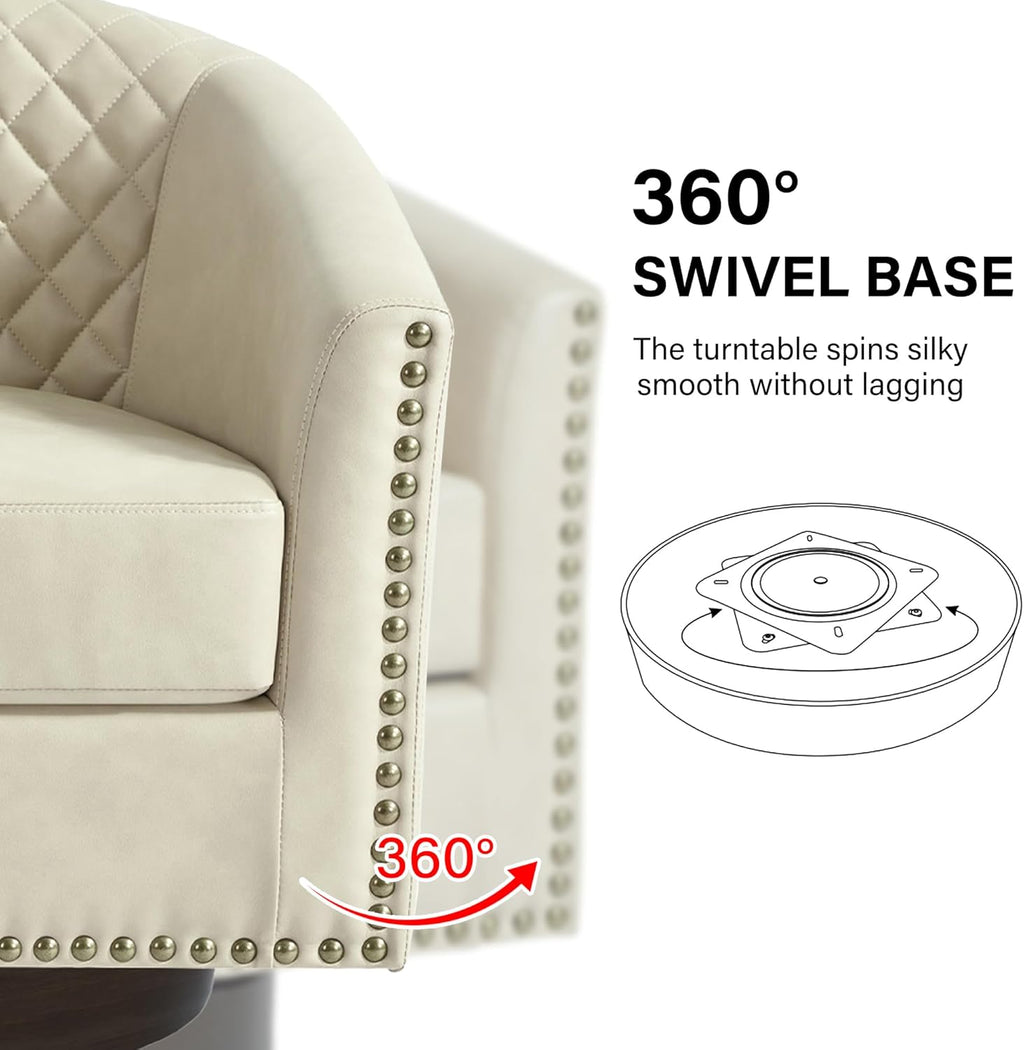 Swivel Barrel Accent Chair Set of 2, Comfy Modern Upholstered Round Faux Leather Arm Chair for Living Room, Bedroom -Beige