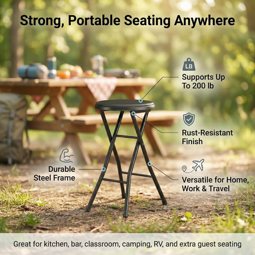 Portable Folding Metal Stool with Non-Slip Rubber Feet, Lightweight Compact Stool for Kitchen, Bar, Classroom, and Camping, Space-Saving Foldable Design with Padded Seat, Supports 200 lbs, Black