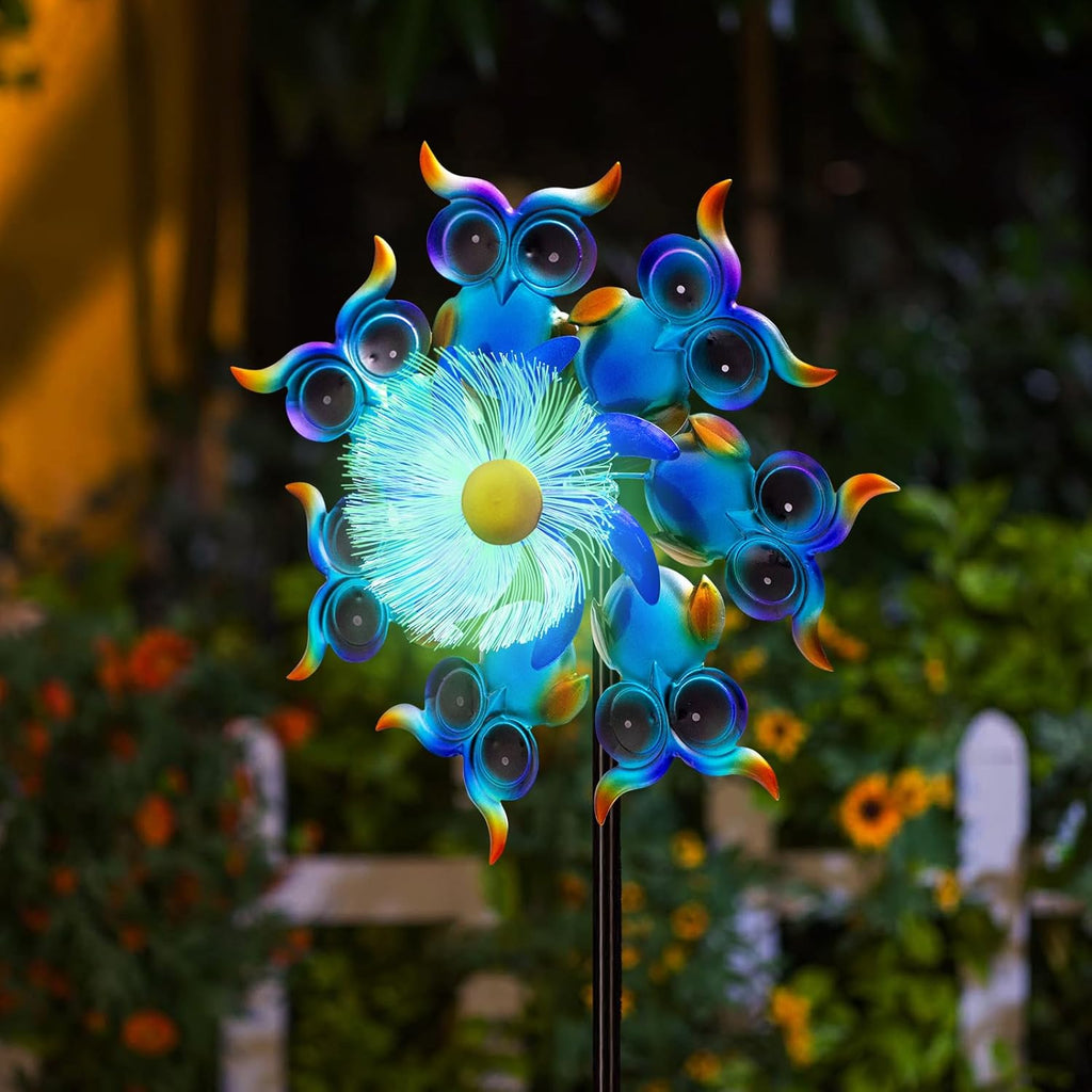 Solar Owls Wind Spinners for Yard and Garden,51 Inch Solar Windmill Seven Color LED Light Whirligig Kinetic Spinner to Scare Birds Decor for Lawn, Patio,Owl Gift Metal Wind Outdoor Sculpture