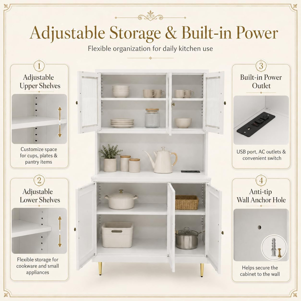 AUN Metal Pantry Cabinet with Charging Station - 68" Multi-Scene Storage Cabinet for Kitchen, Coffee Bar, Dining Room | Adjustable Shelves & Soft-Close Doors,White