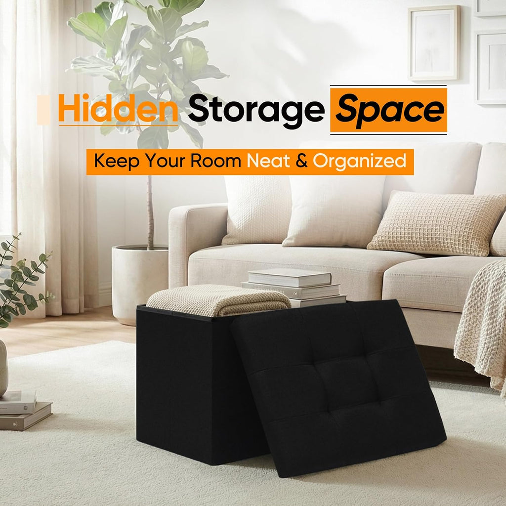 Folding Storage Ottoman, 16.5" Rectangular Footstool with Padded Tufted Lid, Collapsible Storage Footrest for Small Space, Living Room, Bedroom, Dorm, Black