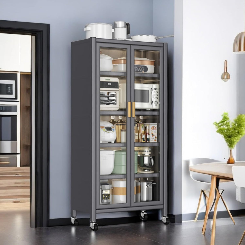 Metal Kitchen Pantry Storage Cabinet on Locking Casters, Double Ribbed Glass Doors, Multi Shelf Organizer for Microwave Appliances, Countertopware, Dining Room, Laundry, Garage (Grey)