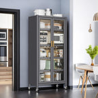 Metal Kitchen Pantry Storage Cabinet on Locking Casters, Double Ribbed Glass Doors, Multi Shelf Organizer for Microwave Appliances, Countertopware, Dining Room, Laundry, Garage (Grey)