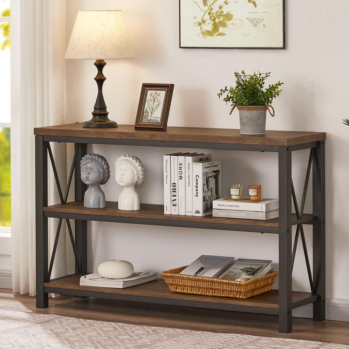 BON AUGURE 47” Narrow Console Table, 3 Tier Sofa Table Behind Couch, Rustic | Entryway Table with 3 Open Shelves, Industrial Steel Frame Entry Tables for Hallway, Foyer, Living Room, or Behind the Couch