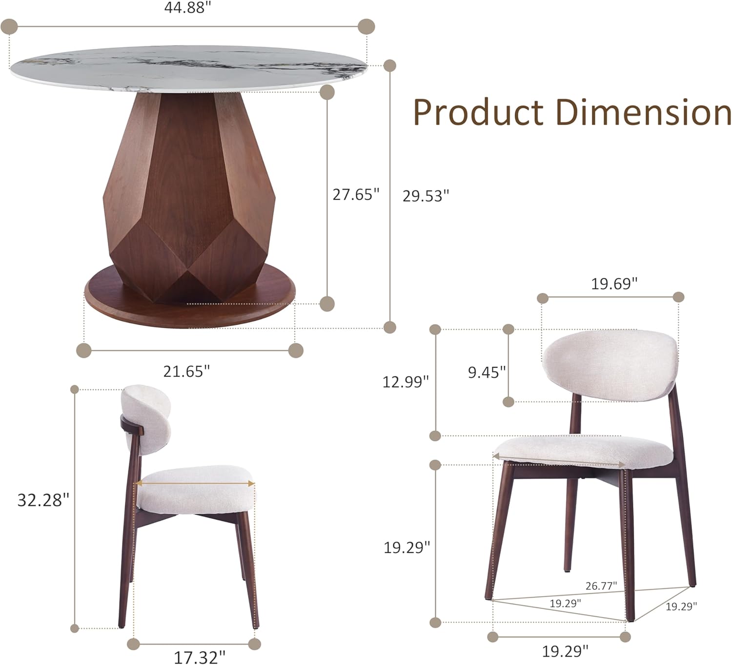 YYQ 45" Round Dining Table Set, Faux Marble Dining Table with 4 Dining Chairs Set, Tempered Glass Tabletop with Antique Brass Metal Base (45" Table with 4 Chairs)