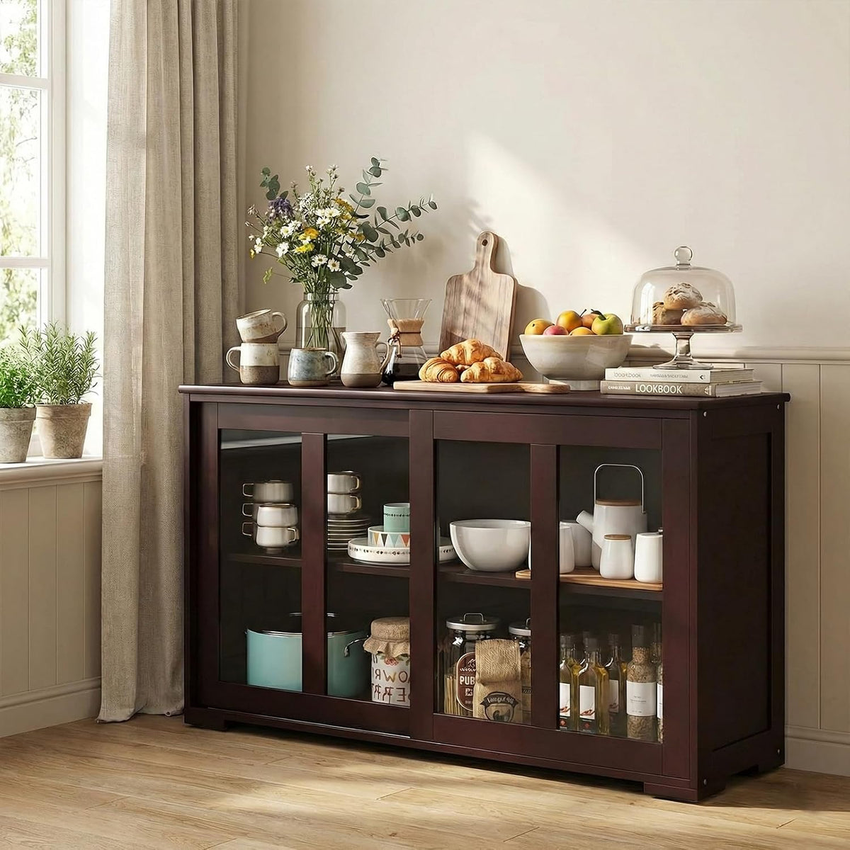NAFORT Wooden Buffet Cabinet Sideboard with Sliding Doors, Kitchen Storage Console Table, Accent Coffee Bar with Adjustable Shelf for Living Room, Dining Room (Brown, 13" D x 42" W x 24.5" H)