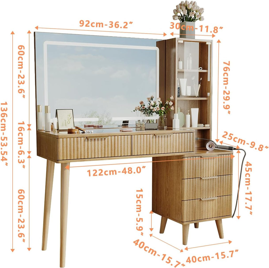Fluted Vanity Desk with 36" LED Mirror, 48" Modern Makeup Table with Charging Station, Glass Door Display Cabinet & Tempered Glass Top, 5 Drawers and 3-Tier Shelves for Bedroom (Natural Oak)