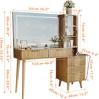 Fluted Vanity Desk with 36" LED Mirror, 48" Modern Makeup Table with Charging Station, Glass Door Display Cabinet & Tempered Glass Top, 5 Drawers and 3-Tier Shelves for Bedroom (Natural Oak)