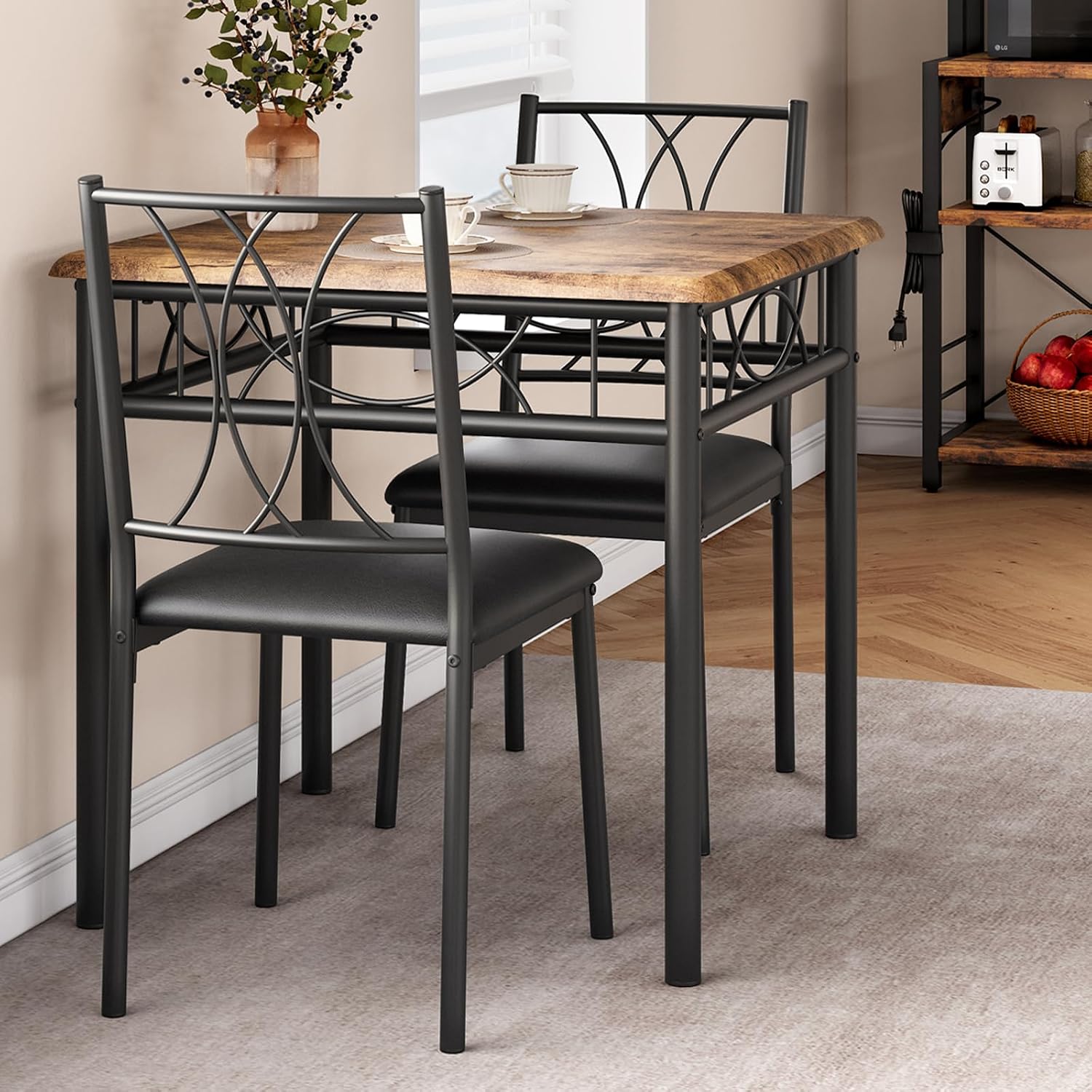 GarveeHome Small Dining Table Set for 2, Square Table and Chairs Set of 2, 3 Piece Kitchen Table Set of 2 with Upholstered Chairs, Dinner Table Set for 2 for Small Spaces, Apartment, Rustic Brown