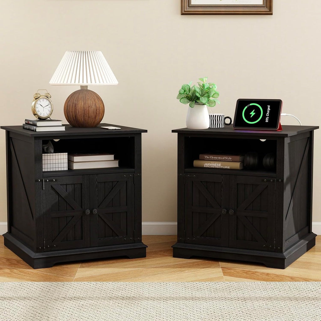 MUUEGM End Table Set of 2 Large Side Table 24" Farmhouse Nightstands with Charging Station Wood Bedside Night Stands with Adjustable Storage Shelf for Living Room, Bedroom