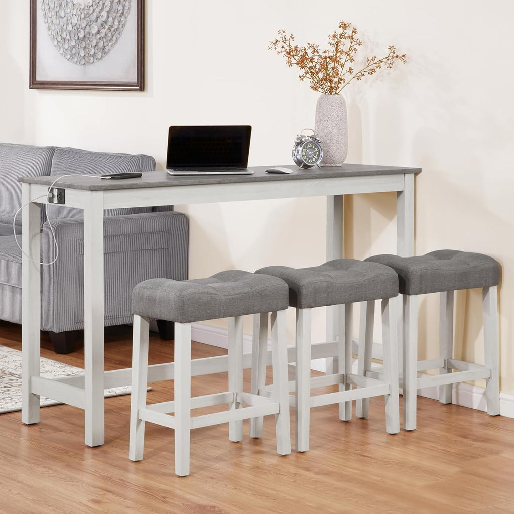 LKTART Bar Table and Chairs Set, 4 Piece Counter Height Bar Table Set with Power Outlet and 3 Upholstered Stools, Industrial Breakfast Table for Living Room, White & Grey