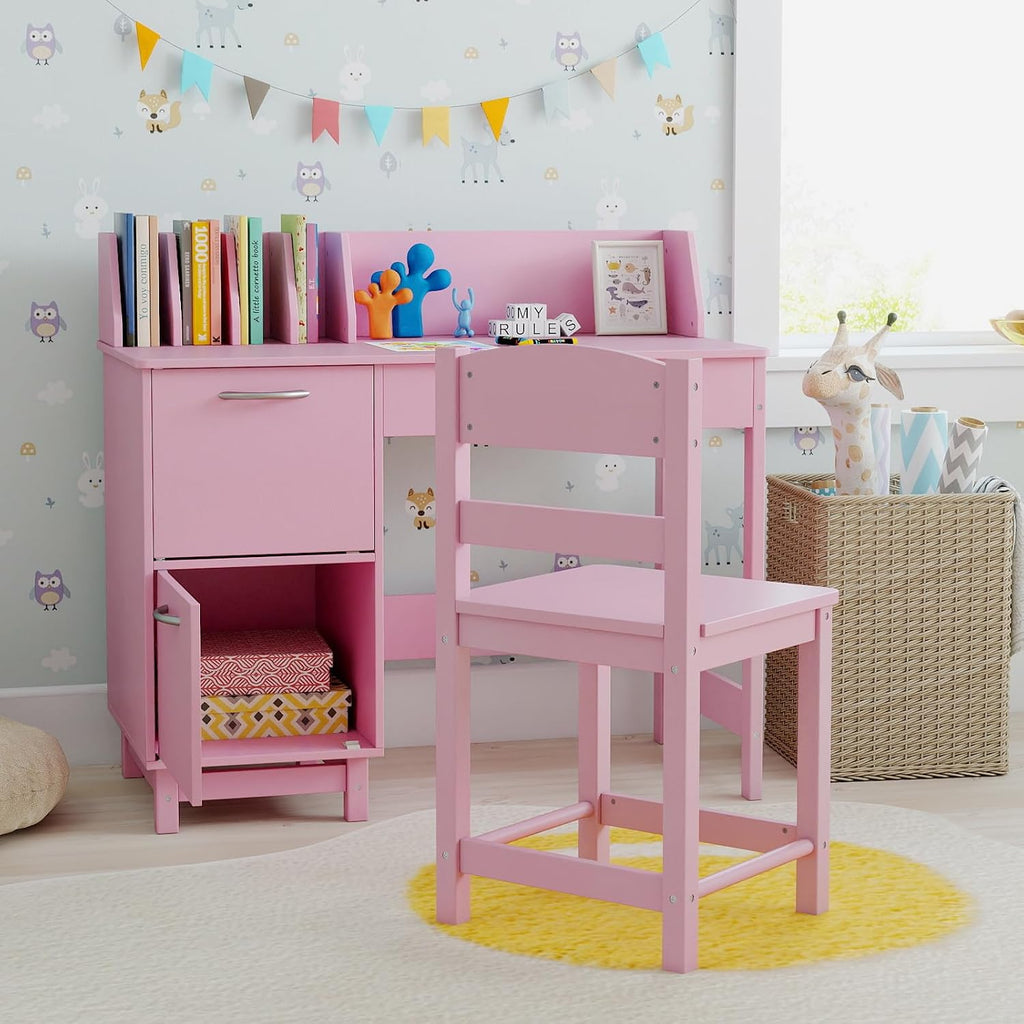 GLACER Kids Desk and Chair Set, Children’s School Study Table w/Storage Hutch, Drawer & Cabinets, Wooden Student Writing & Computer Desk for Bedroom, Study Room & Homeschool for Ages 3-8 (Pink)