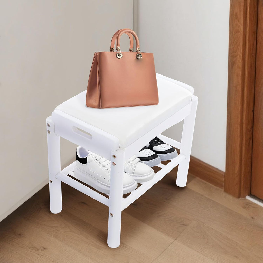 Shoe Bench with Cushion, 2-Tier Bamboo Shoe Rack Bench, Entryway Shoe Storage Organizer with Compartment, Wooden Shoe Storage Bench for Hallway, Living Room, Closet, Bedroom (White)
