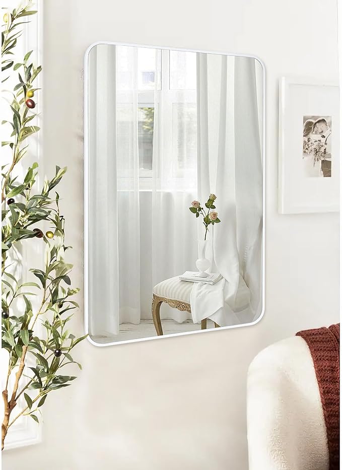 White Bathroom Mirror,24 x 36 Inch Rectangle Wall Mirror with Wood Frame,Vanity Modern Tempered Glass Mirror for Bedroom,Entryway,Living Room
