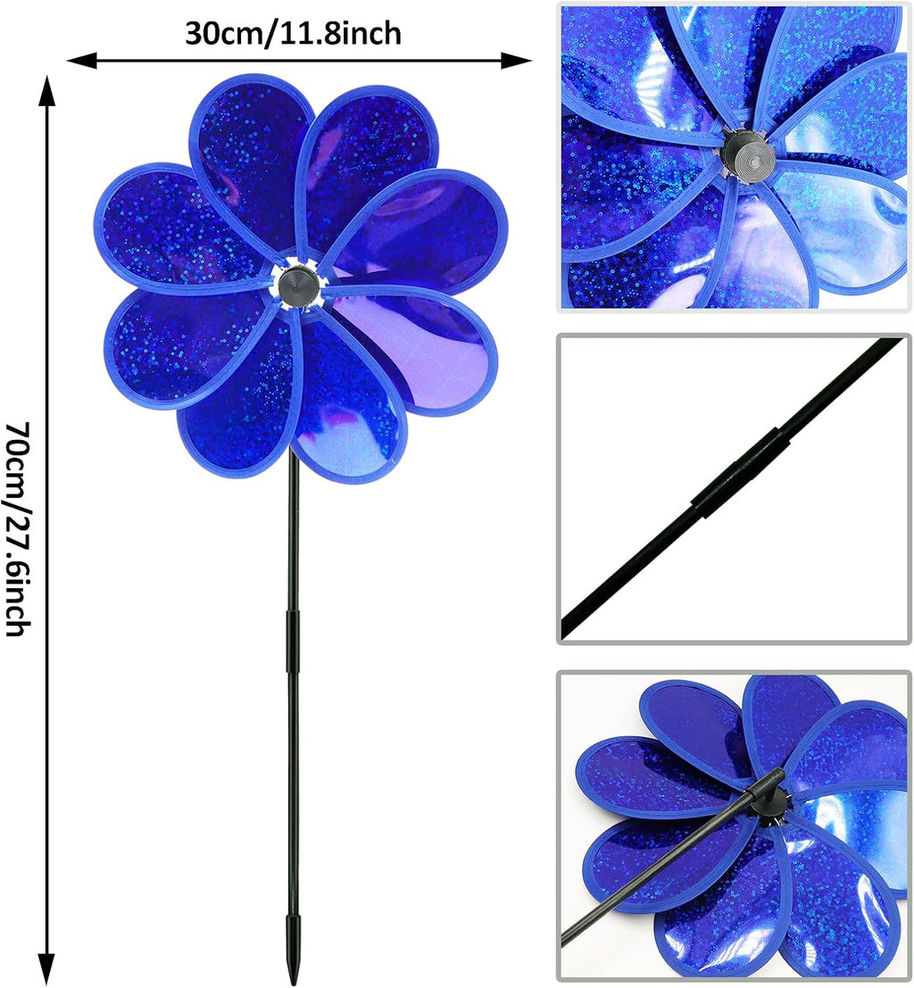 4PCS Flower Wind Spinner Sparkly Lawn Pinwheel 11.8 inch Dark Blue Garden Windmill for 4th of July, Garden, Party, Outdoor, Yard Decor
