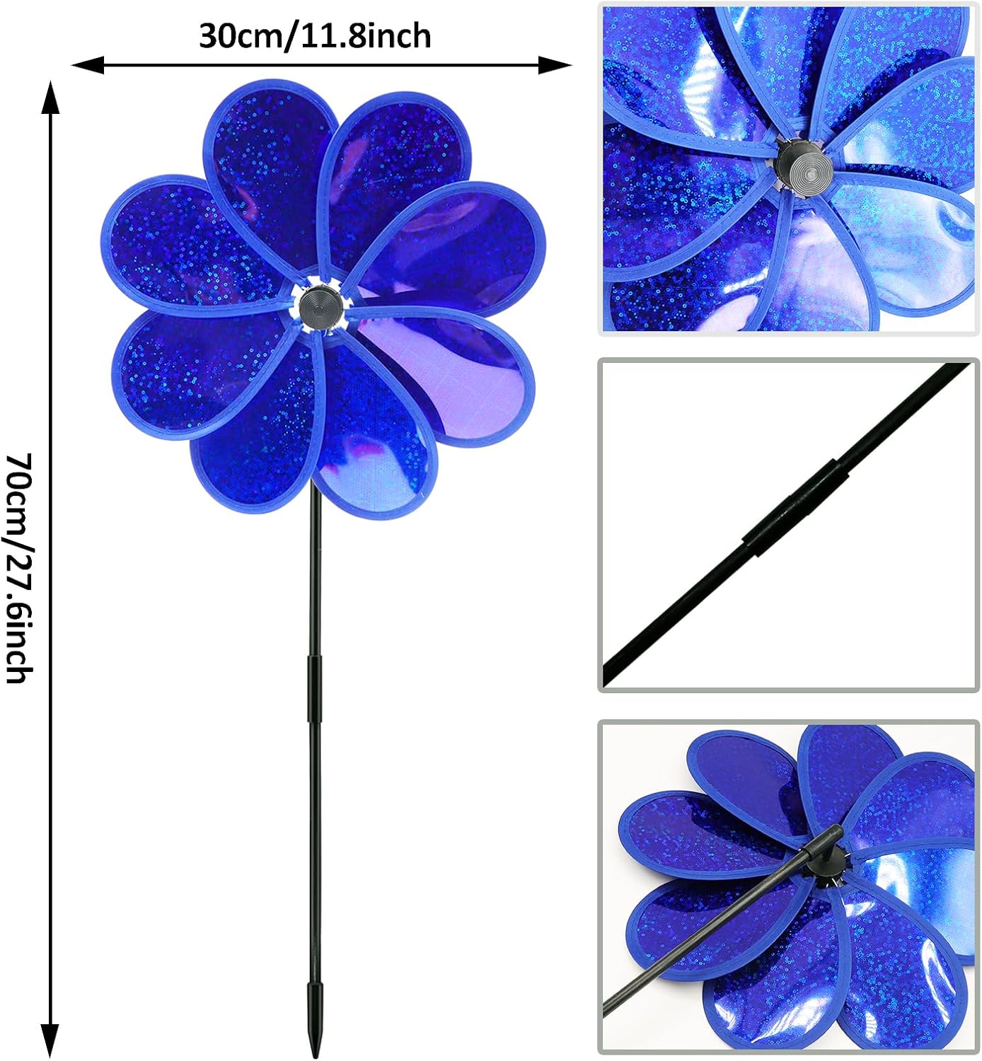 4PCS Flower Wind Spinner Sparkly Lawn Pinwheel 11.8 inch Dark Blue Garden Windmill for 4th of July, Garden, Party, Outdoor, Yard Decor