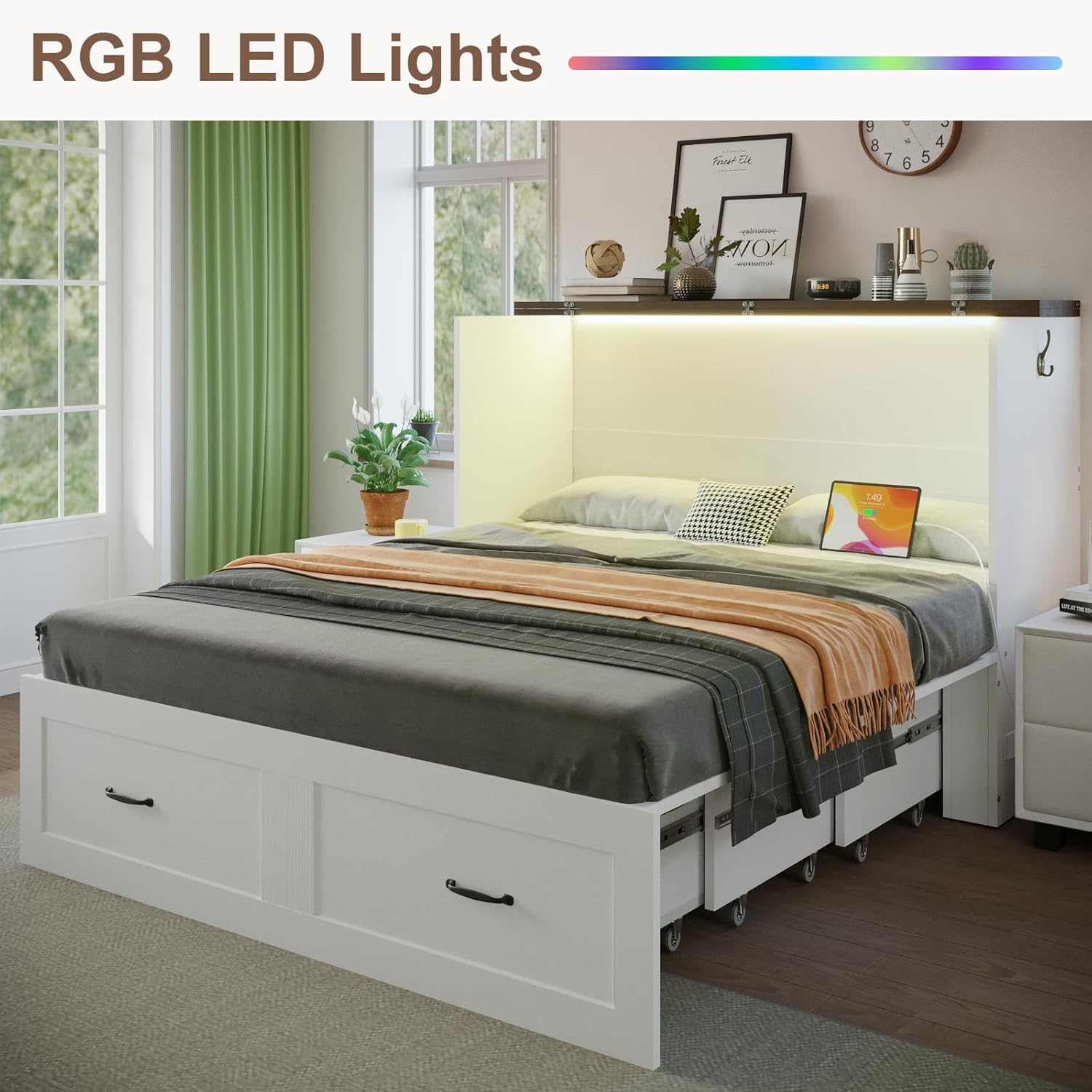 KCGKCG Full Size Murphy Bed with Storage & Charging Station, Murphy Cabinet Bed with Drawer for Guest Bedroom, Living Room, Office or Small Room, Full Foldable Platform Bed (White, Full)