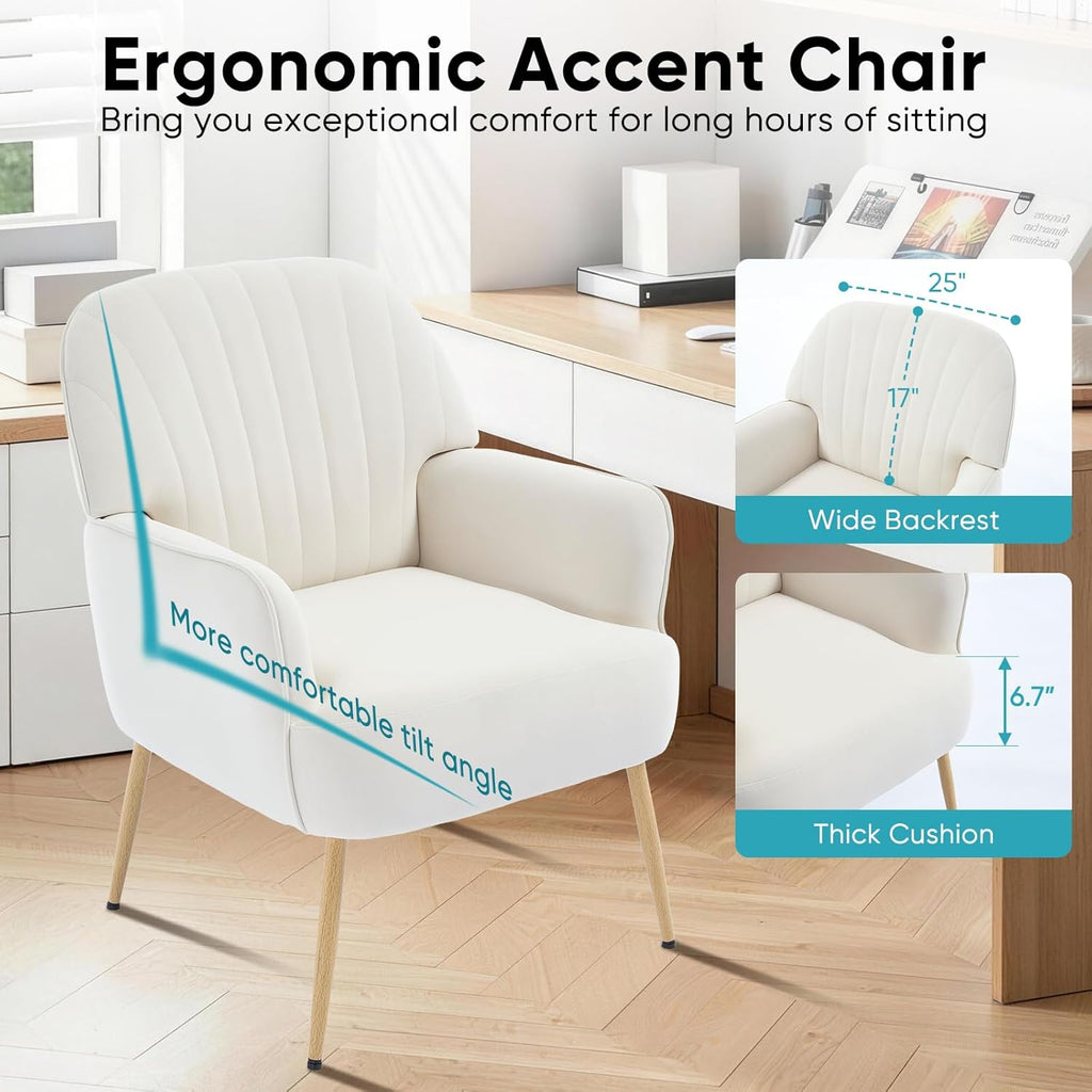 Velvet Accent Chair, Modern Upholstered Single Living Room Chairs with Tufted Back, Cozy Sofa Side Armchair with Metal Legs for Bedroom/Office/Reading Room, Beige