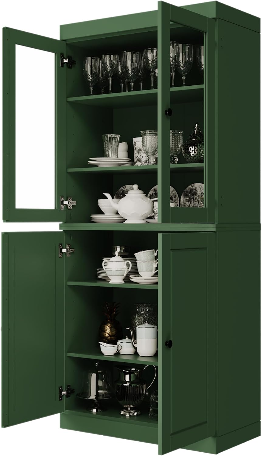 Palace Imports 100% Solid Wood Kitchen Pantry w/ 2 Glass Doors & Bottom Wooden Storage Cabinet, Green, 32" w x 71.5" h, Renewable Eco-Friendly Wood, Made in Brazil