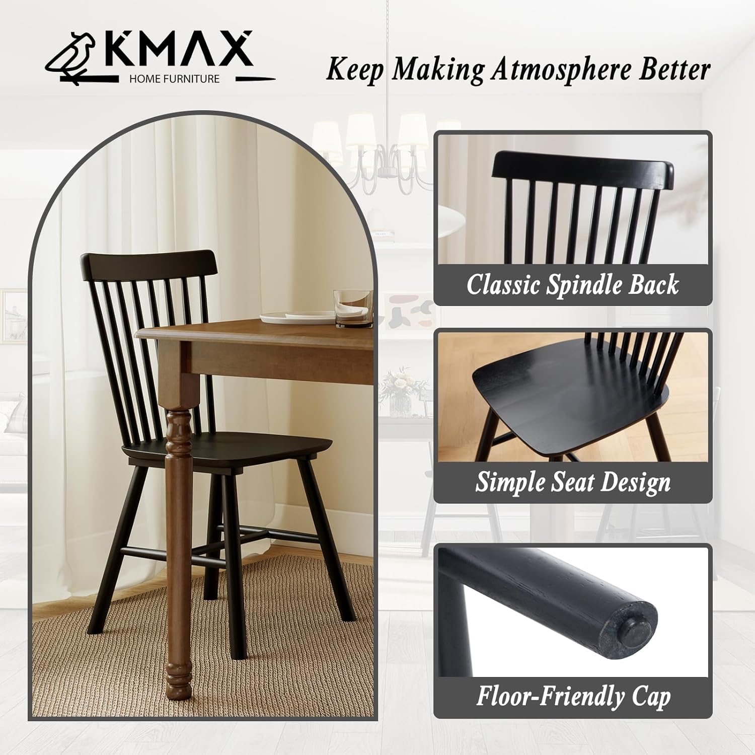 Kmax Dining Chairs Set of 4 Vintage Kitchen Chairs Windsor Chairs with Solid Wood Legs Farmhouse Country Style, Black