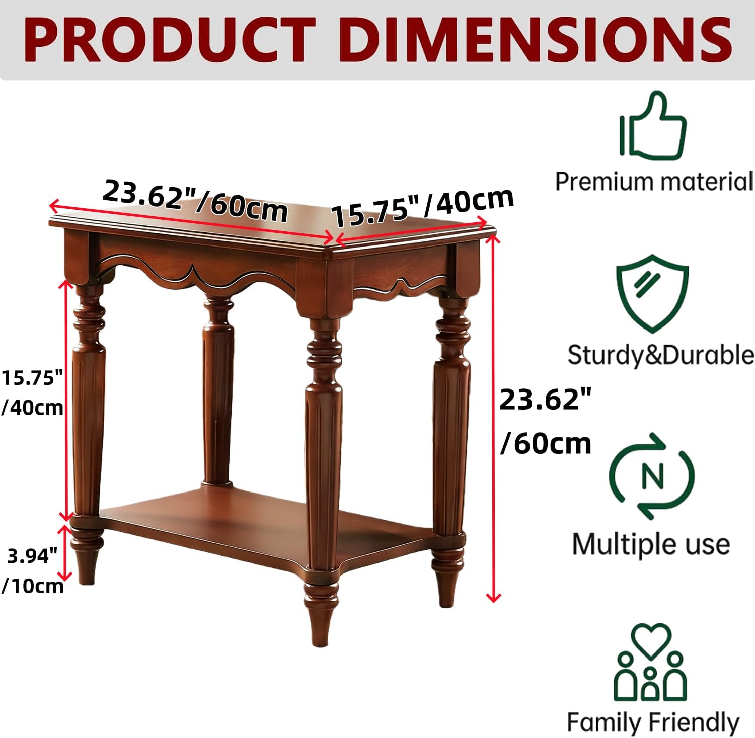 YUNMUAIR-2-Tier Side Table,Vintage Rectangle Sofa Side Tables,Mid Century Accent Bedside Tables with Shelf,Solid Wood End Table for Living Room Bedroom