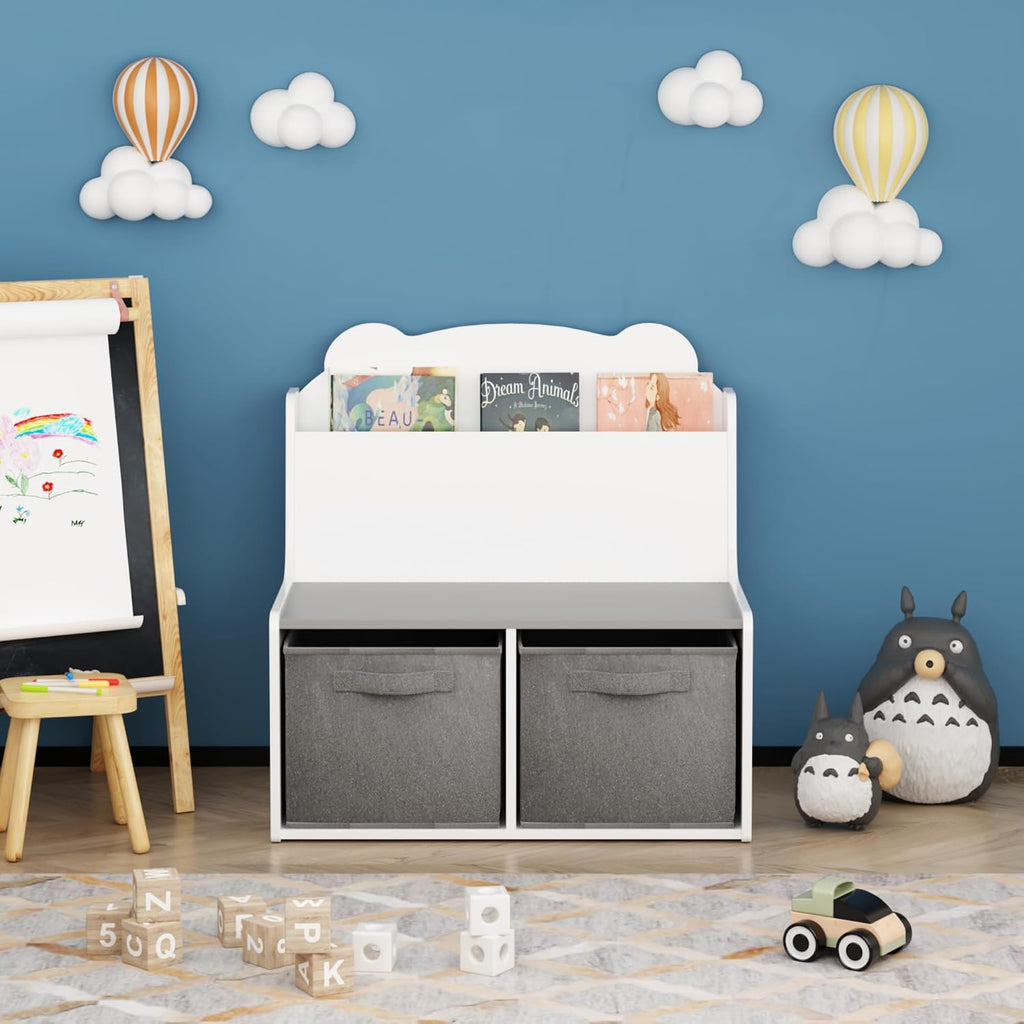Kids Bookshelf with Chalkboard Side, Bear-Shaped Wooden 3-Tier | Bear-shaped wooden bookcase with 3-tier open shelves and a chalkboard side for drawing; sturdy, kid-safe rounded corners