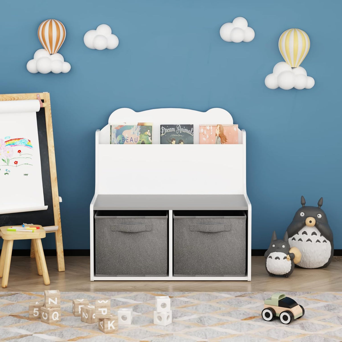 Kids Bookshelf with Chalkboard Side, Bear-Shaped Wooden 3-Tier | Bear-shaped wooden bookcase with 3-tier open shelves and a chalkboard side for drawing; sturdy, kid-safe rounded corners
