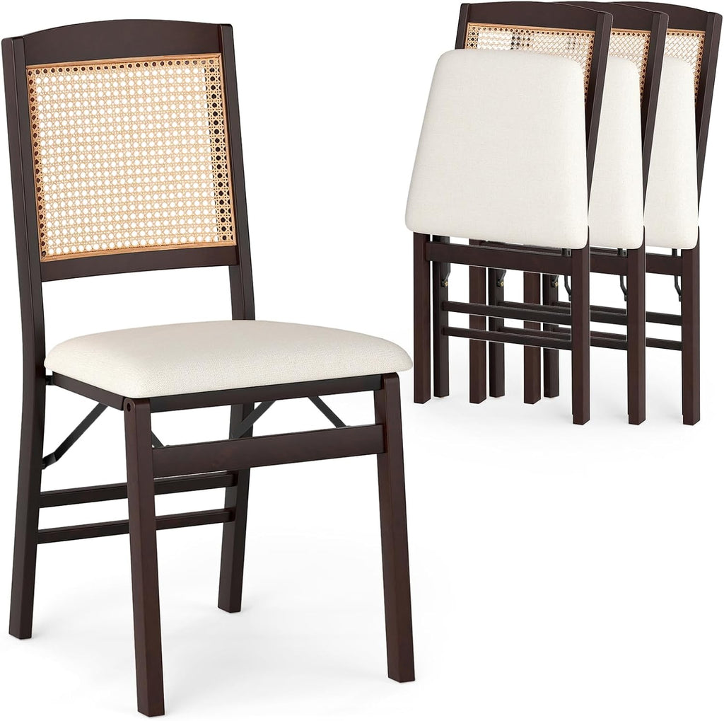 KOTEK Folding Dining Chairs Set of 4, Wooden Kitchen Chairs with Padded Seat & Rattan Backrest, Foldable Armless Side Chairs for Dining Room, Living Room (Espresso & Beige)