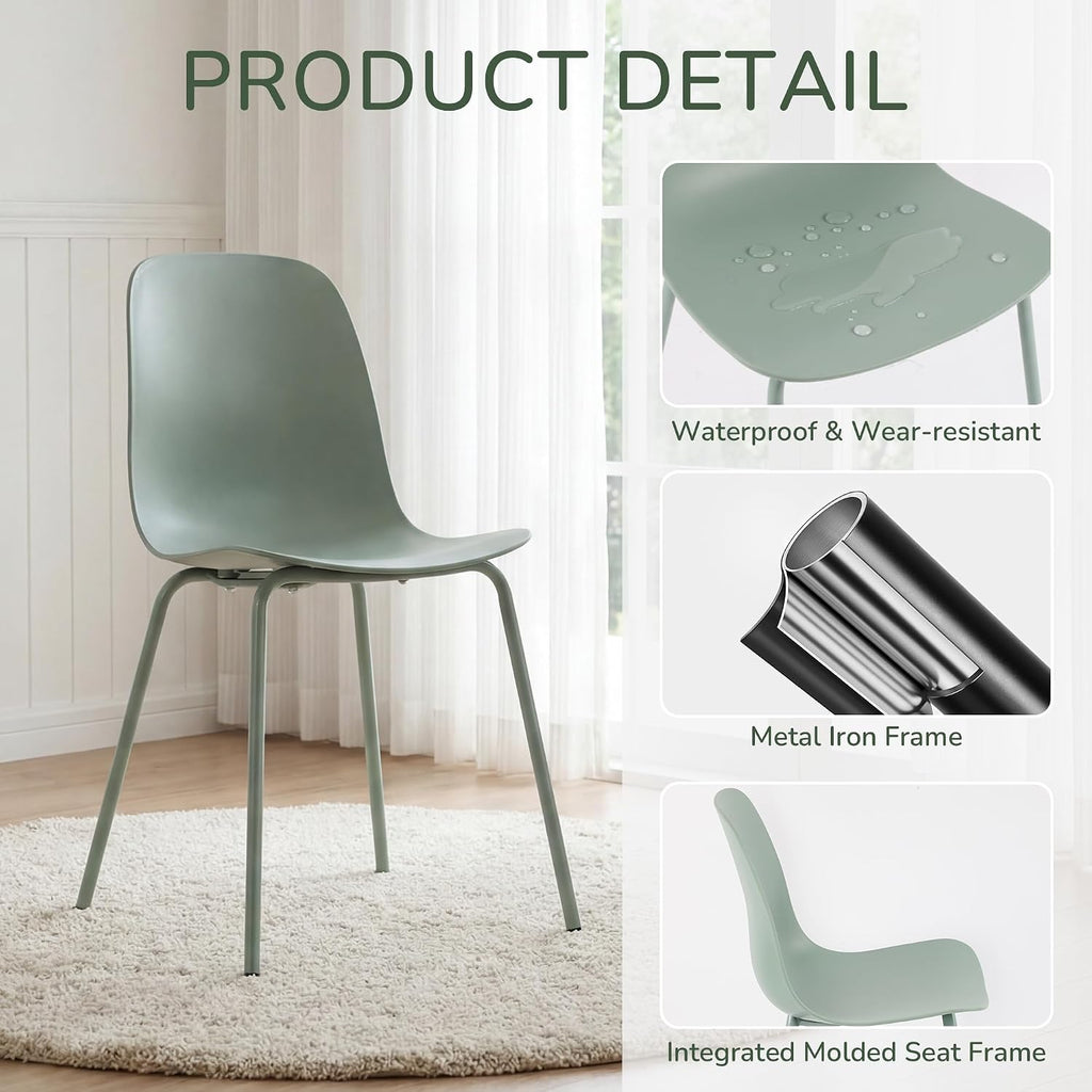 LSSBOUGHT Modern Dining Chairs Set of 4, Mid-Century Plastic Kitchen Chairs with Metal Legs, Comfortable Armless Side Chairs for Dining Room, Kitchen, Living Room & Small Spaces (Green)