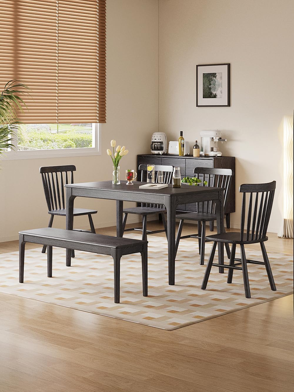 Dining Bench, Wood Bench Solid Oak Wooden Bench Indoor Dining Room Table Home Bedroom Bed End Restaurant Modern Hallway Furniture (Black, 51.2 "Wx 13.8" D x 17.7" H)