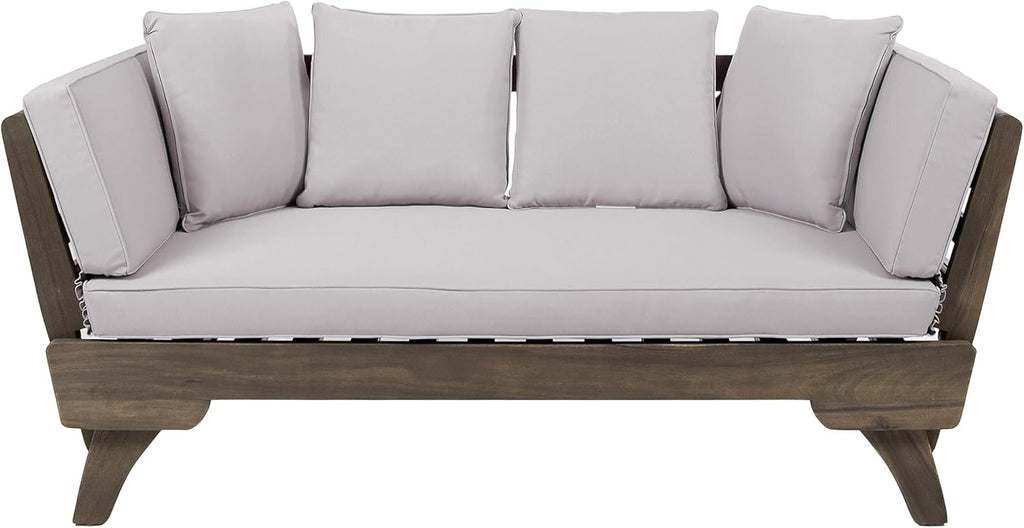 Christopher Knight Home Gary Patio Convertible Couch, Wooden Outdoor Daybed, 3-Seater Acacia Wood Patio Furniture Lounge Sofa for Backyard/Poolside/Garden, Back Pillow+Removable Cushion, Grey