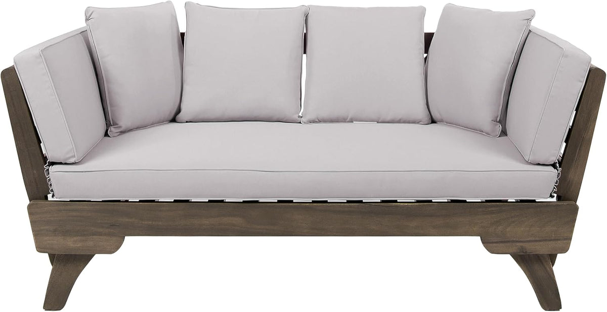 Christopher Knight Home Gary Patio Convertible Couch, Wooden Outdoor Daybed, 3-Seater Acacia Wood Patio Furniture Lounge Sofa for Backyard/Poolside/Garden, Back Pillow+Removable Cushion, Grey