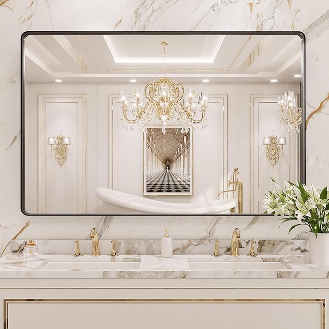 LOAAO 55X36 Inch Black Metal Framed Bathroom Mirror for Wall, Matte Black Bathroom Vanity Mirror Farmhouse, Large Rounded Rectangle Mirror, Anti-Rust, Tempered Glass, Hangs Horizontally or Vertically