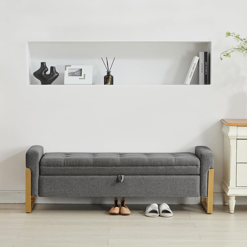adochr 57" Storage Bench, Linen Upholstered Ottoman with Storage, Large End of Bed Bench with Metal Legs & Button-Tufted,500 lb Capacity, for Living Room, Bedroom, Entryway, Dark Grey