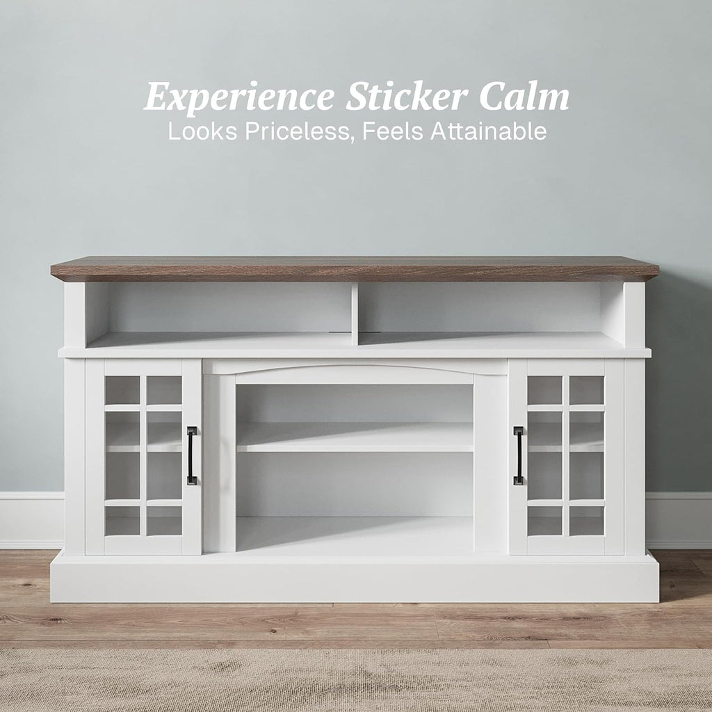 BELLEZE 58 Inch TV Stand, Rustic Wood Entertainment Center for TVs up to 65", Contemporary Media Console Table with Two Open Shelves and Glass Door Cabinets - Astorga (White)